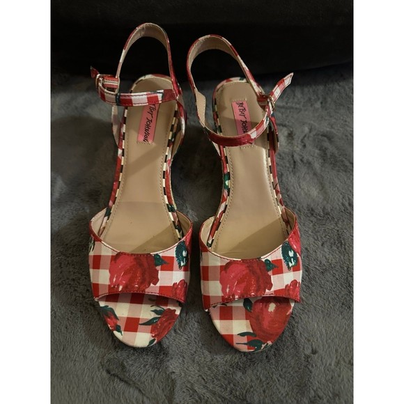 Betsey Johnson Shoes - Betsey Johnson Athena red rose gingham espadrille wedge